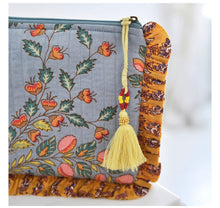 Load image into Gallery viewer, Grey &amp; Coral Quilted Make Up Bag With Mustard Ruffle Trim
