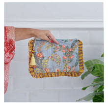 Load image into Gallery viewer, Grey &amp; Coral Quilted Make Up Bag With Mustard Ruffle Trim
