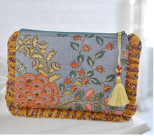 Load image into Gallery viewer, Grey &amp; Coral Quilted Make Up Bag With Mustard Ruffle Trim
